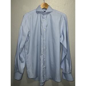 Purple Label Ralph Lauren Made in Italy Shirt 16 Blue Micro Houndstooth Cotton